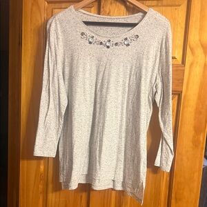 LOFT Light Gray Embellished Long Sleeve Top